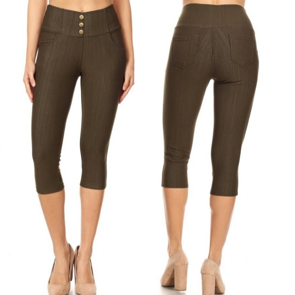JVINI Olive Green Ribbed Mid-Rise Capri Pants